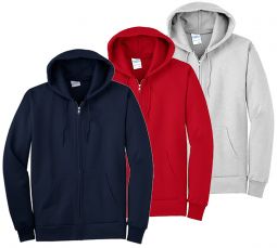 Youth/Adult Fleece Full-Zip Hooded Sweatshirt, Ash, Navy or Red